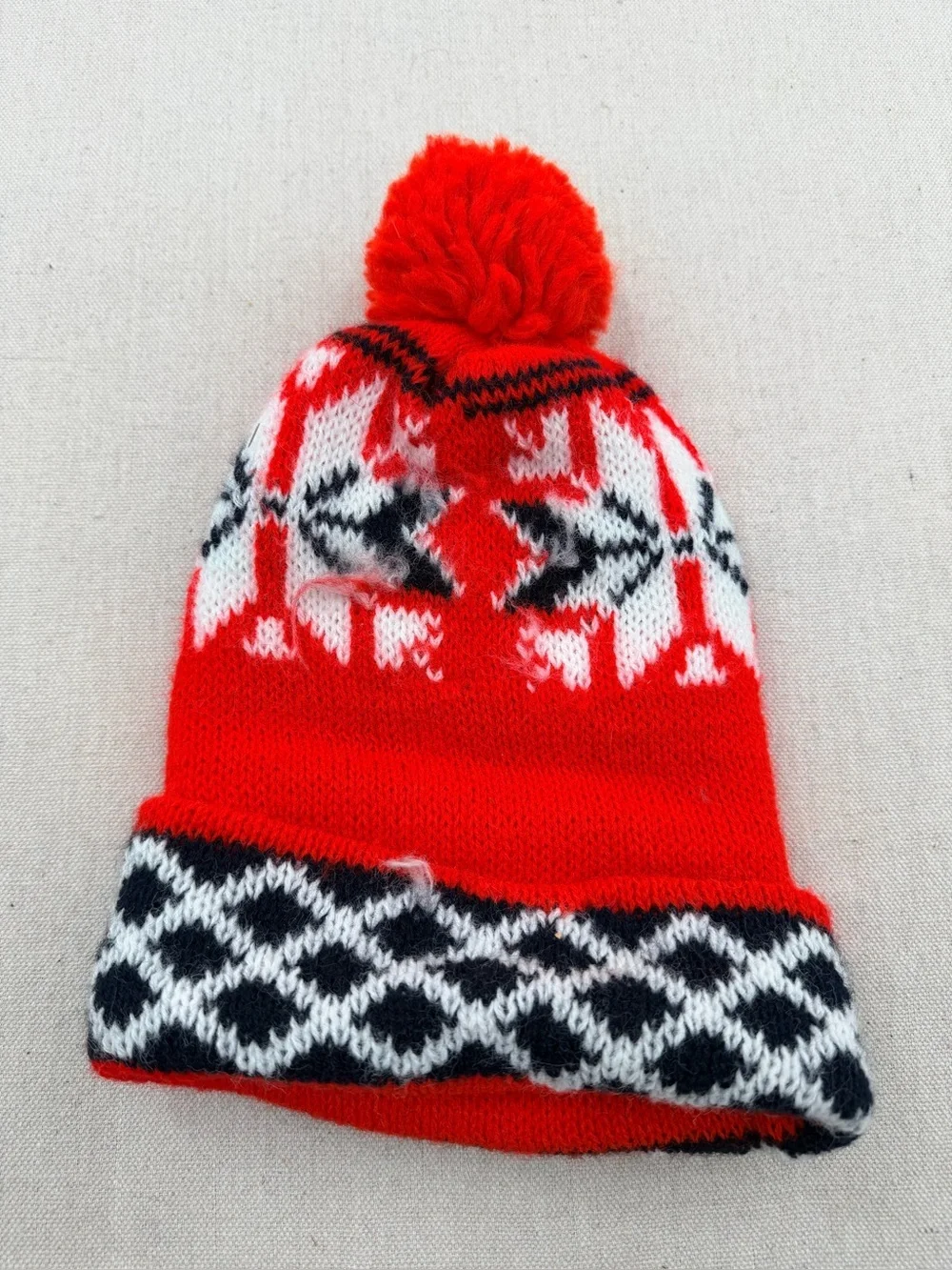 Red Pom Pom Knit Beanie Hat with Nordic Pattern